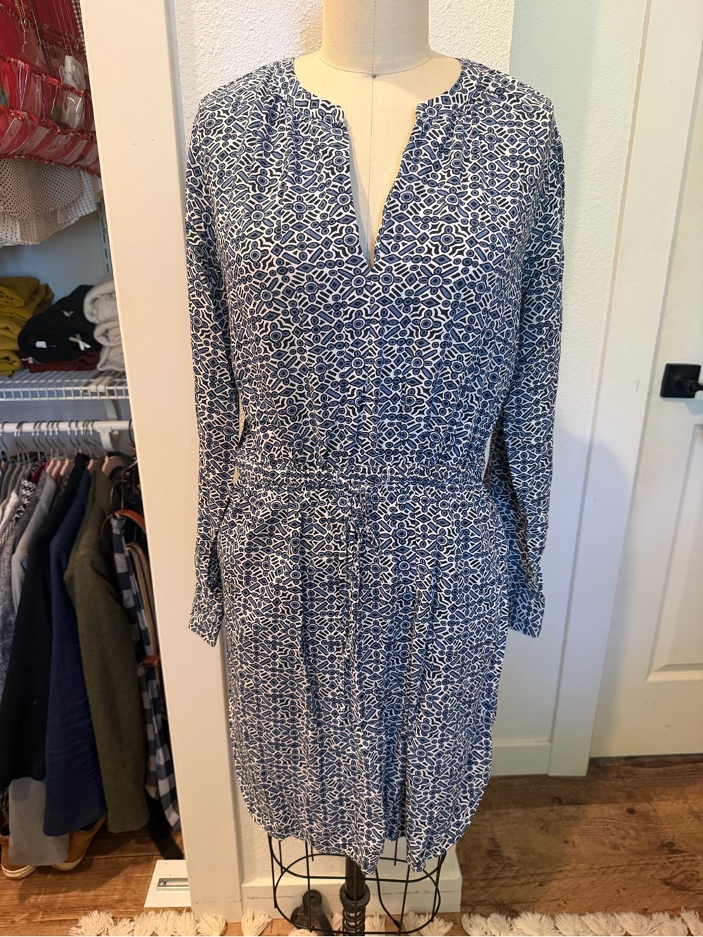LOFT Navy and White Printed Long-Sleeve Mini Dress